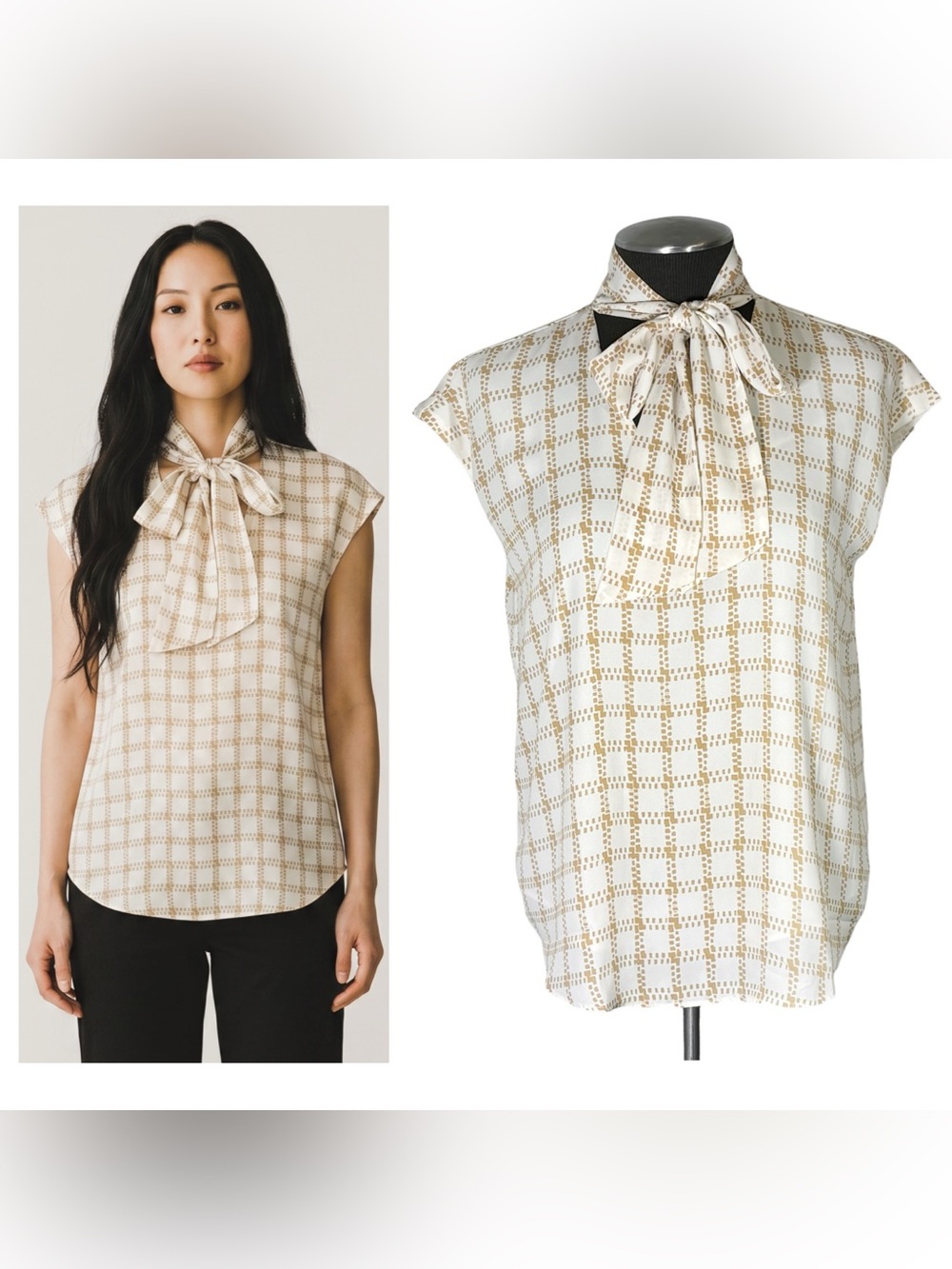 Ann Taylor – Windowpane Print Cap Sleeve Bow Tie Neck Top – Petite Medium